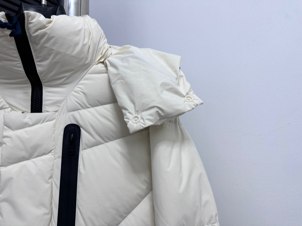 Moncler long white puffer jacket with hood and black front zipper
