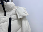 Moncler long white puffer jacket with hood and black front zipper