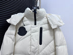 Moncler long white quilted puffer jacket with hood, navy zipper and patch detail