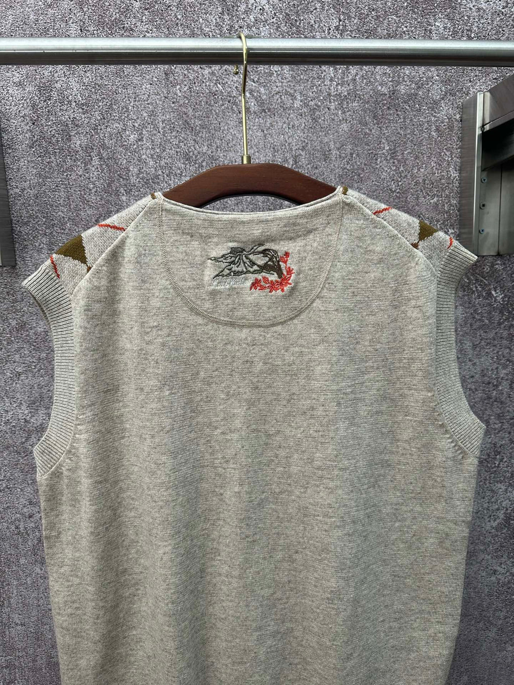 Louis Vuitton sleeveless knit top, light gray with embroidered chest graphic
