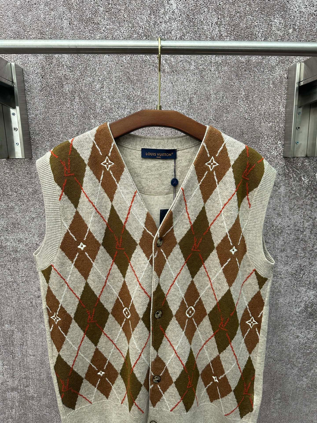 Louis Vuitton argyle sleeveless sweater vest, brown and red diamond pattern