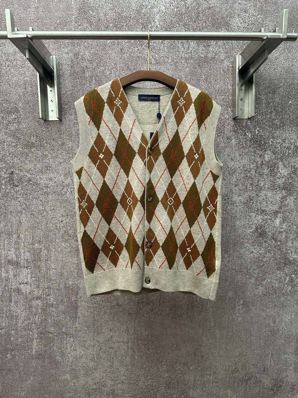 Louis Vuitton argyle sleeveless sweater vest, beige with brown and red diamonds
