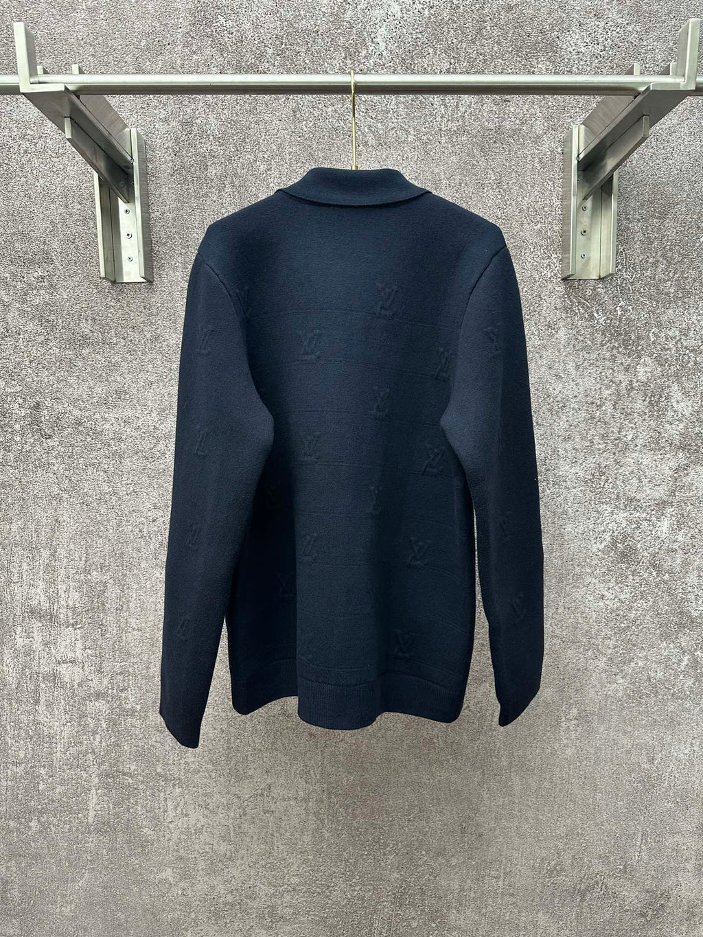 Dark blue long-sleeve zip jacket back view with stand collar