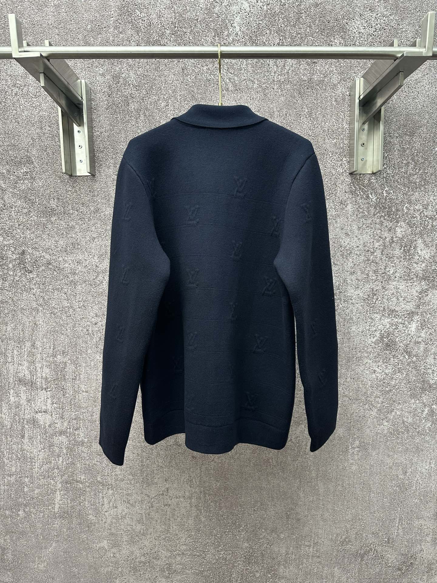Dark blue long-sleeve zip jacket back view with stand collar