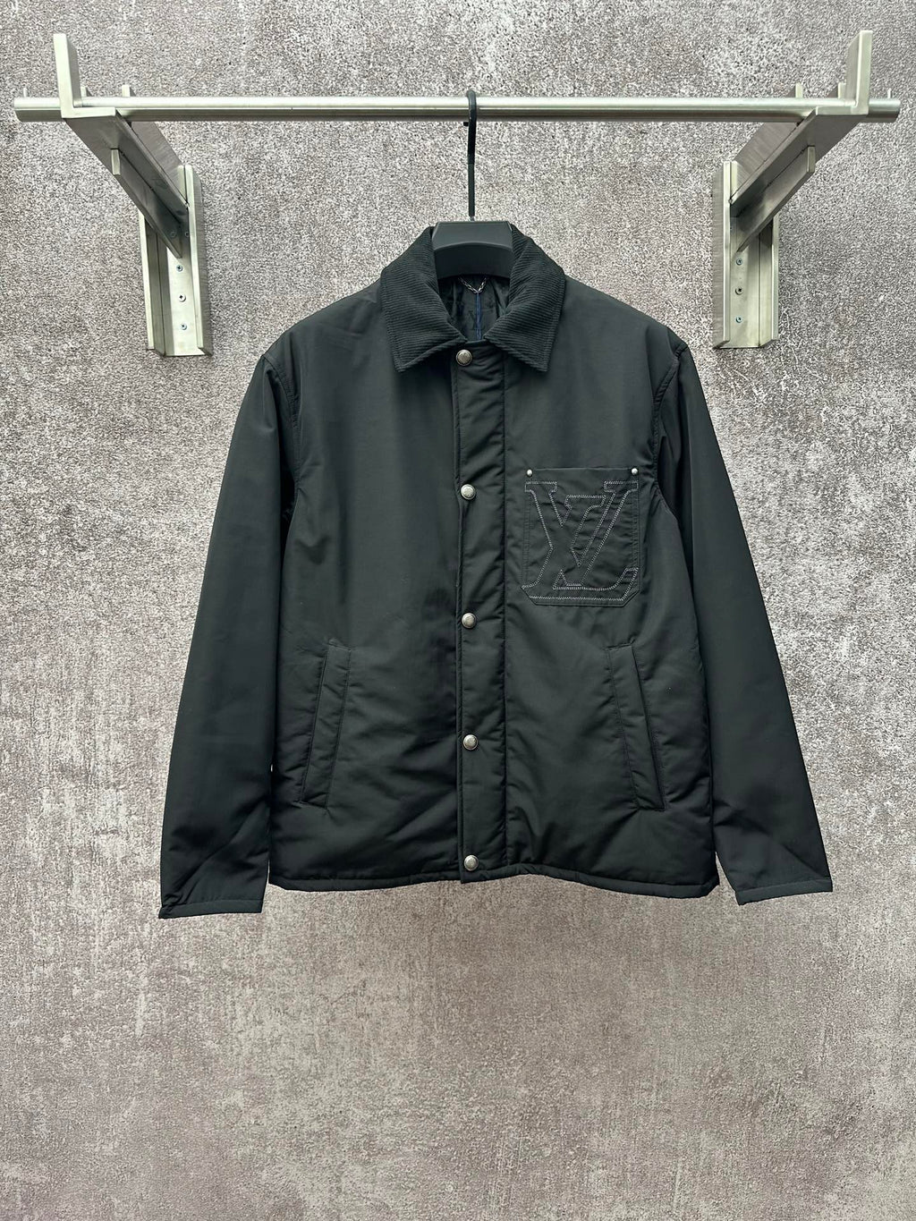 Louis Vuitton long puffer jacket, dark green, button front and chest logo pocket