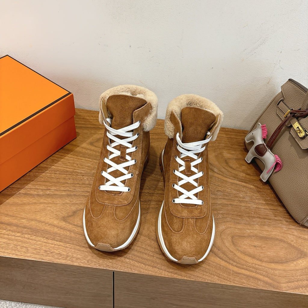 Hermes unisex suede sneakers, white laces and tan shearling collar