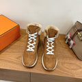Hermes unisex suede sneakers, white laces and tan shearling collar