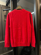 Red knit cardigan sweater back view with ribbed crew neck and long sleeves