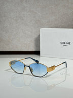 Gold sunglasses with blue-tinted lenses and black temples, front view