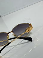 Gold temple detail sunglasses with dark tinted lenses, close-up angle
