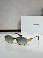 Gold-and-black sunglasses with dark lenses, angled front view