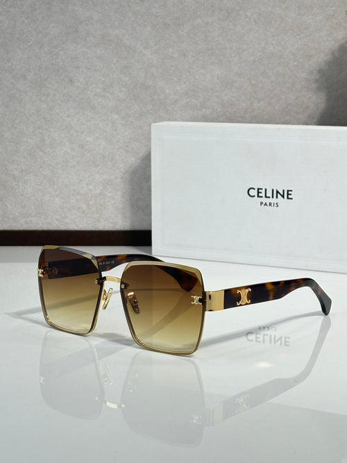 Celine sunglasses with gold-tone frame and brown gradient lenses, square cat-eye shape
