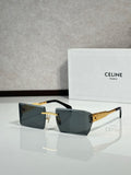Celine sunglasses with dark rectangular lenses, black frame, and gold-tone details