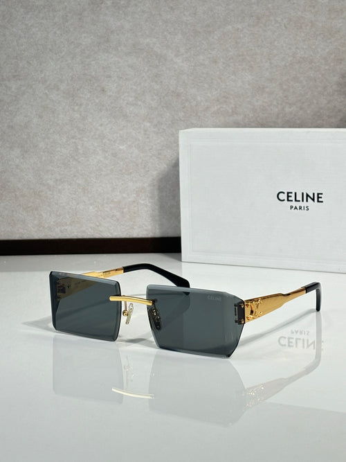 Celine sunglasses with dark rectangular lenses, black frame, and gold-tone details