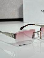 Celine sunglasses with pink-tinted rectangular lenses, clear front, and tortoise temple tips