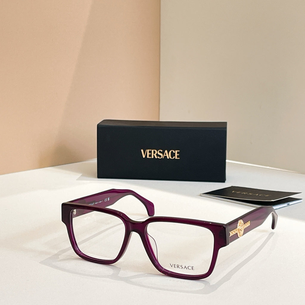 Versace glasses with maroon square frames and gold emblem on temple arms