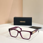 Versace glasses with maroon square frames and gold emblem on temple arms