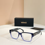 Versace glasses with blue square frames and gold emblem on temple arms