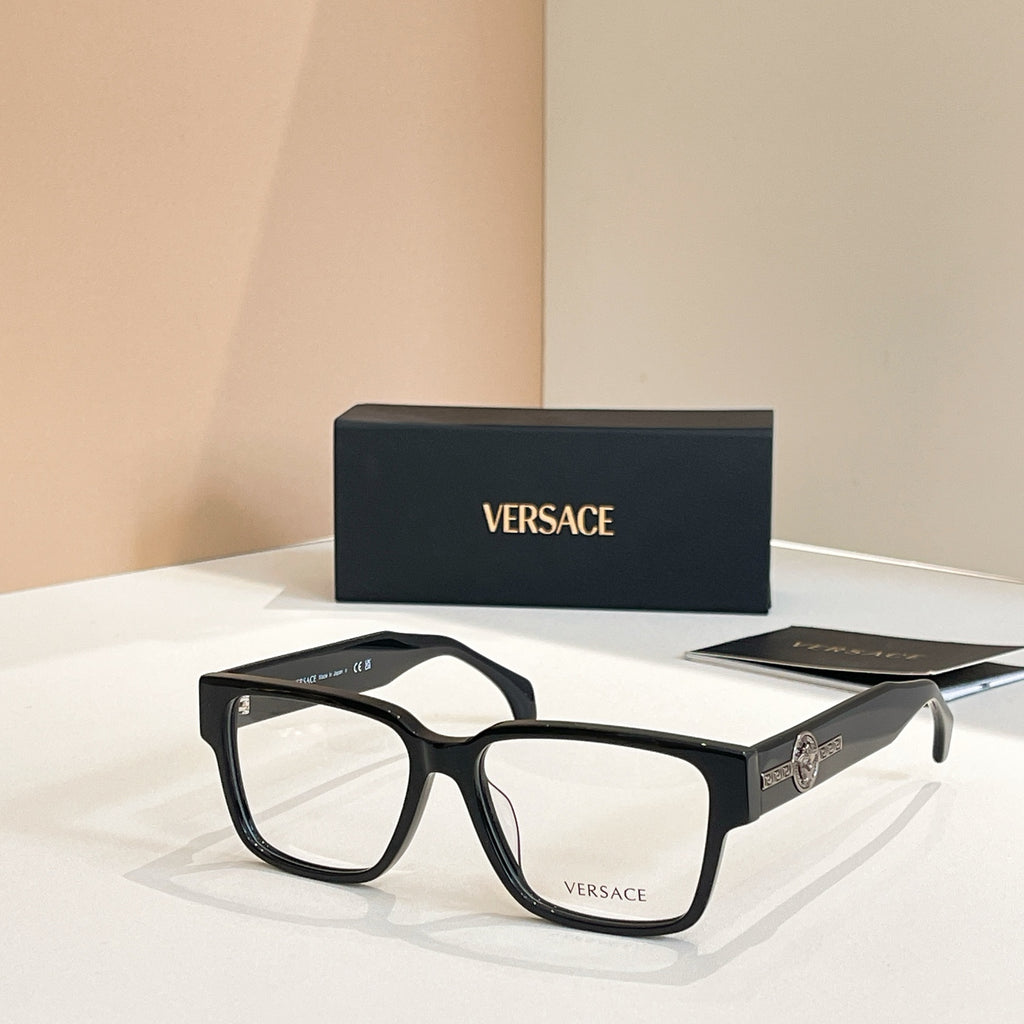 Versace glasses with black square frames and gold emblem on temple arms
