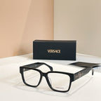 Versace glasses with black square frames and gold emblem on temple arms