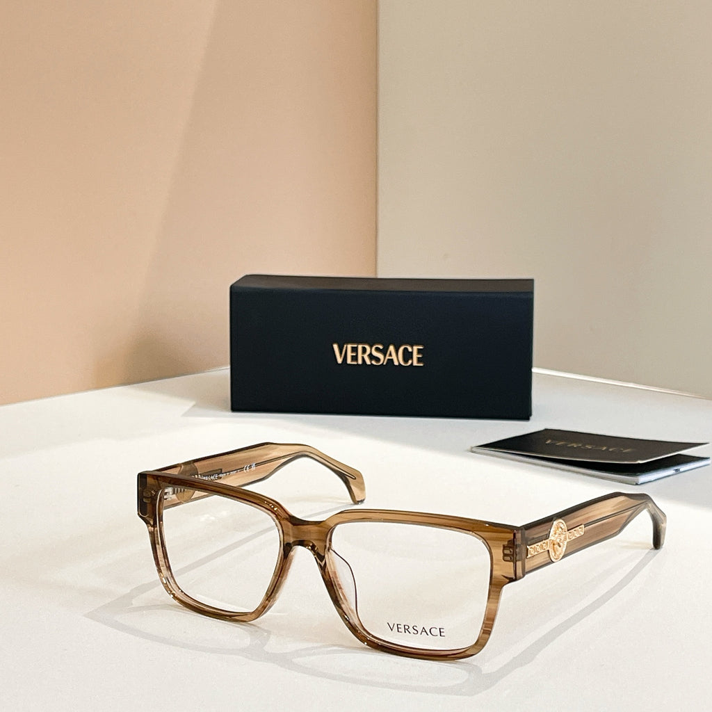 Versace glasses with brown square frames and gold emblem on temple arms