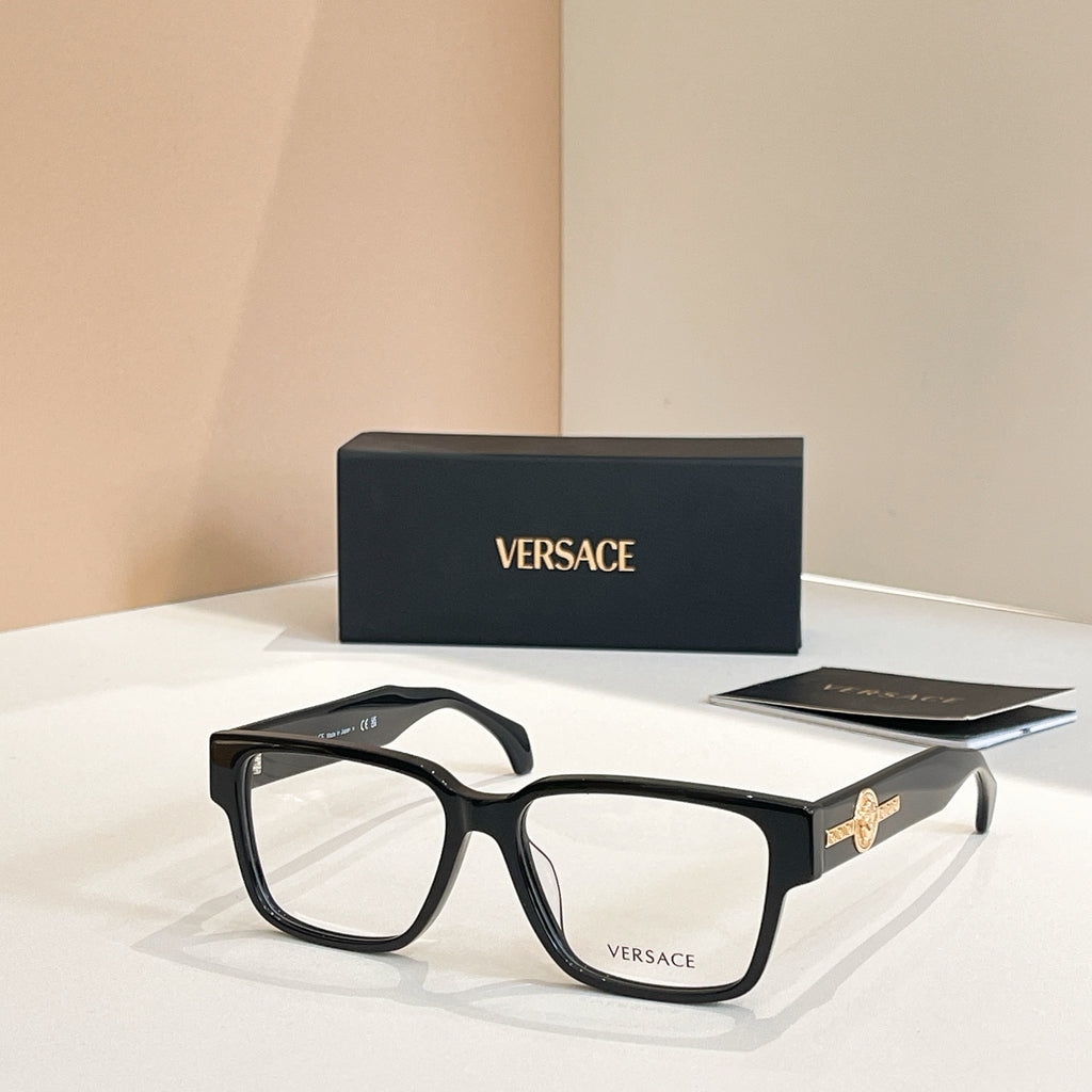Versace glasses with black square frames and gold emblem on temple arms