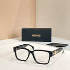 Versace glasses with black square frames and gold emblem on temple arms