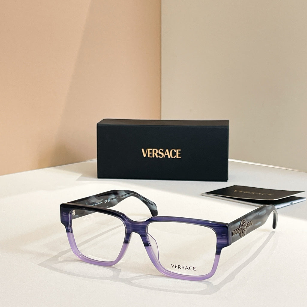 Versace glasses with brown square frames and gold emblem on temple arms
