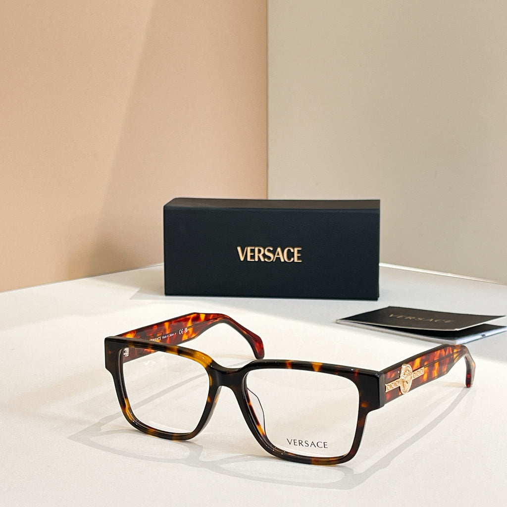 Versace glasses with tortoiseshell square frames and gold emblem on temple arms