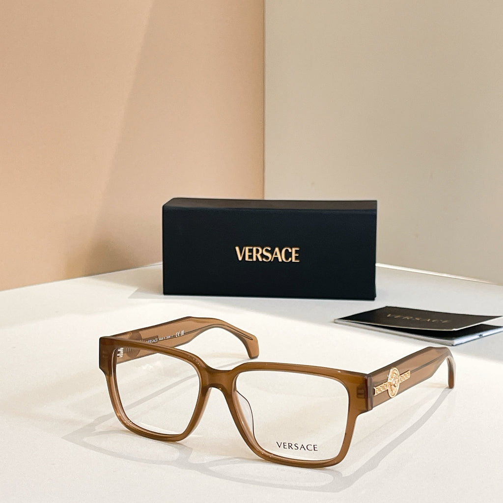 Versace glasses with brown square frames and gold emblem on temple arms