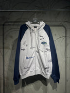 Two-tone zip-up hoodie with hood, drawstrings, and all-over signature graphics