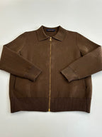 Brown long-sleeve zip-up jacket with stand collar, front zip, and pockets