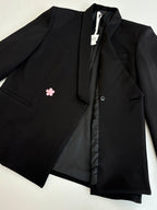 Black long blazer jacket folded open, showing lining and a center front button placket.