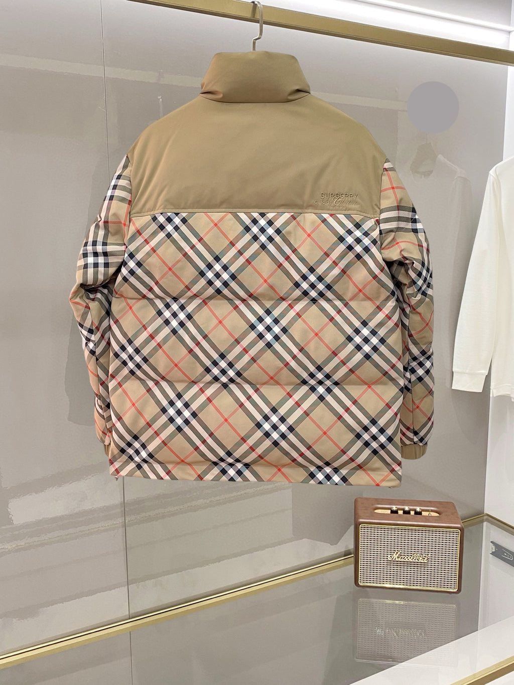 Burberry long jacket, back view, beige yoke and multicolor plaid sides