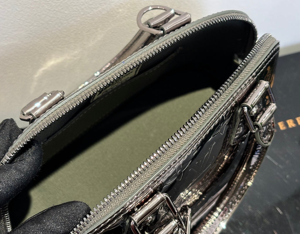 Louis Vuitton mini handbag interior view with zipper and dark lining, silver-tone hardware