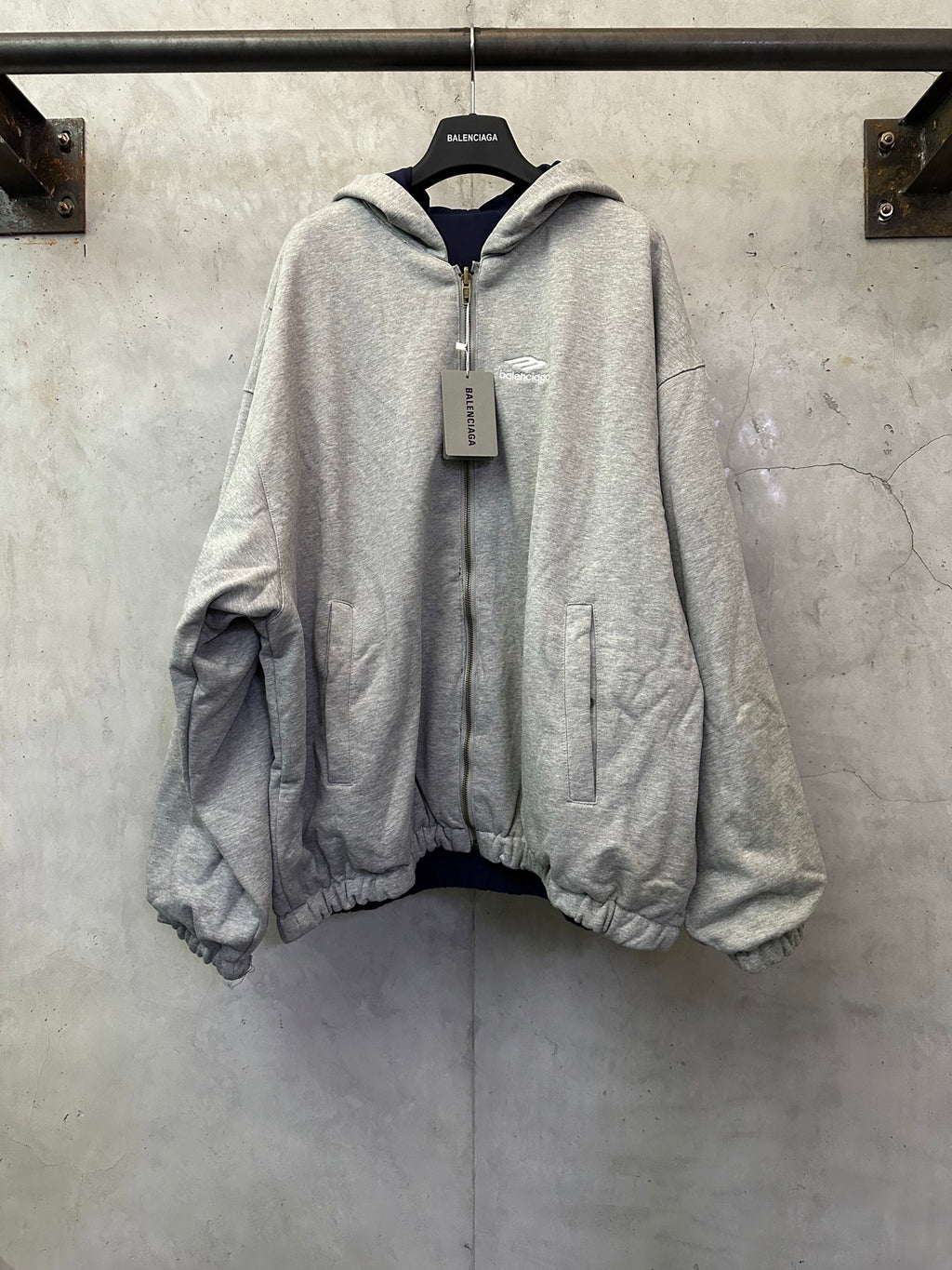 Balenciaga hooded jacket, heather gray, full-zip with small logo on chest