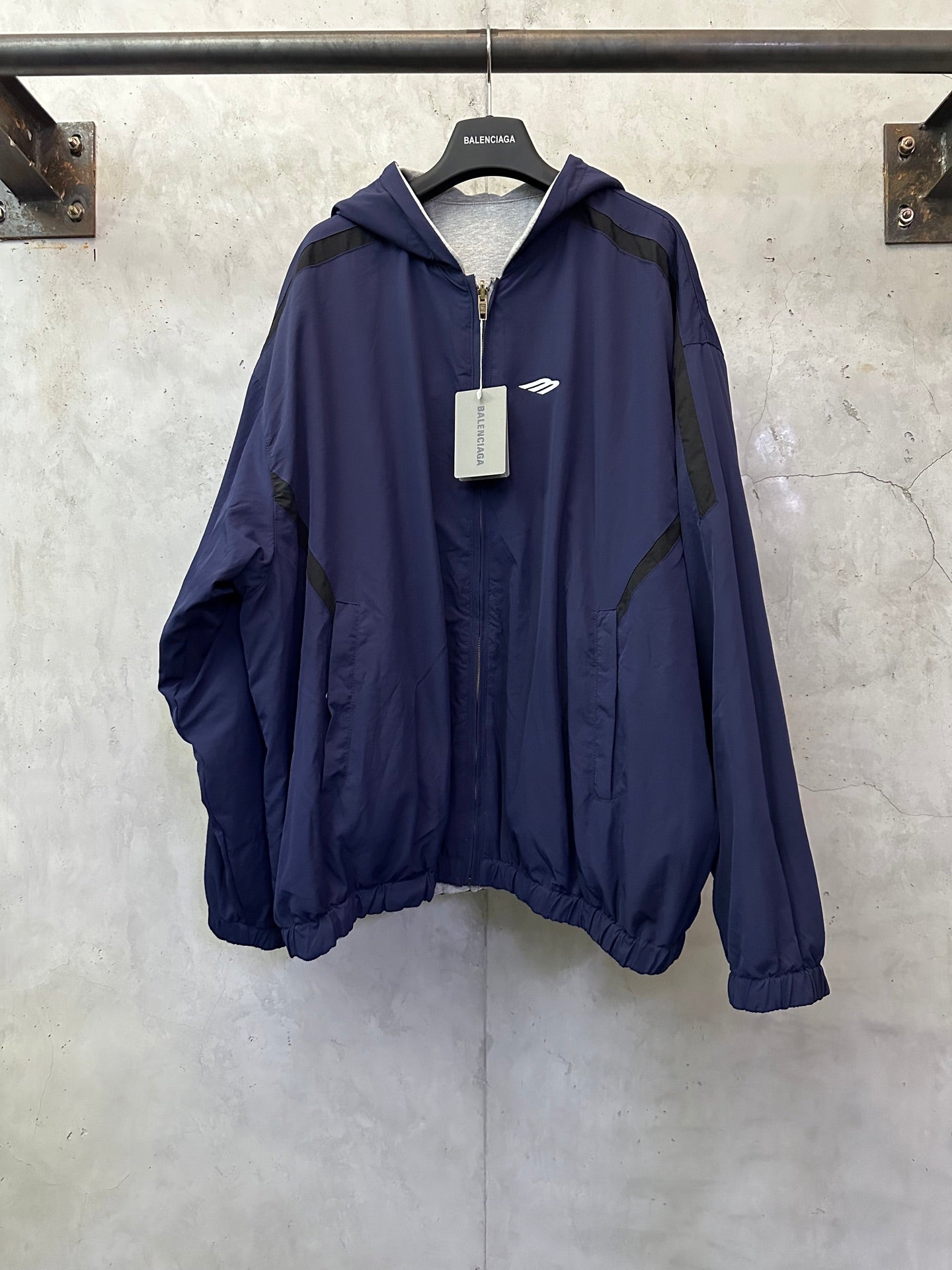 Balenciaga hooded jacket, navy blue, full-zip with logo on chest