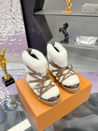 Louis Vuitton ladies faux-fur lace-up ankle boots, white with brown trim and laces