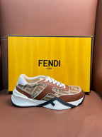 Fendi unisex sneakers in brown and tan with white laces, FF design, and white sole
