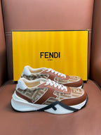 Fendi unisex sneakers in brown, tan, and white with white laces and FF print