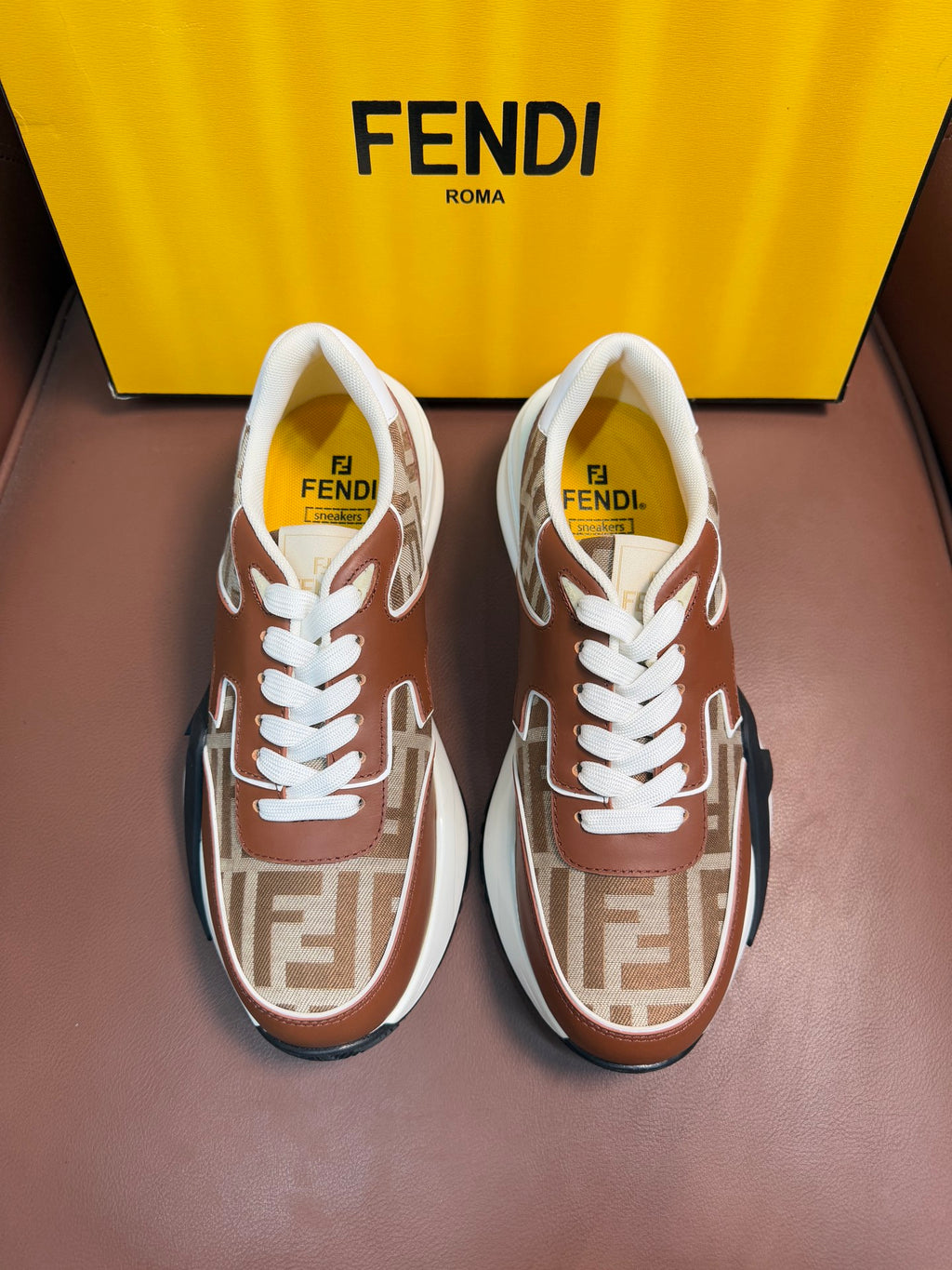 Fendi unisex sneakers in brown and tan with white laces and FF logo panels