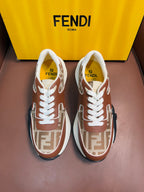 Fendi unisex sneakers in brown and tan with white laces and FF logo panels