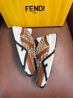 Fendi unisex sneakers in brown and tan with white laces, chunky sole, and FF monogram