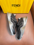 Fendi unisex sneakers, dark gray lace-up with light gray accents and white outsole.
