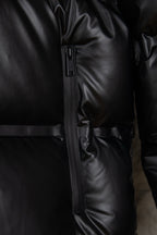 Prada long puffer jacket close-up of side zipper and quilted body