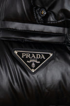 Prada long puffer jacket logo triangle patch on the chest