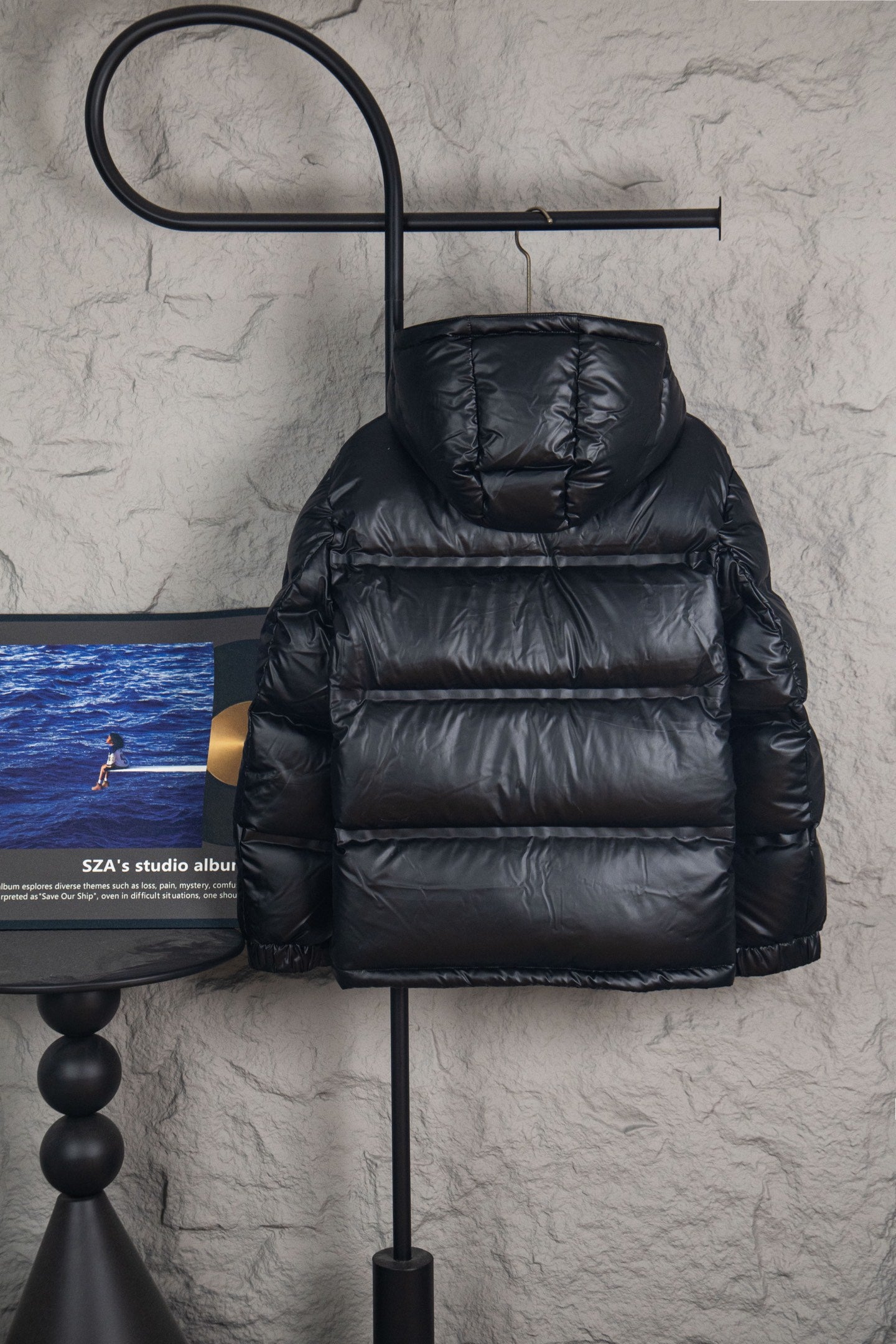 Prada long puffer jacket, hooded style with layered quilted design in dark black