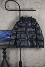 Prada long puffer jacket with hood, front zipper, and quilted black shell