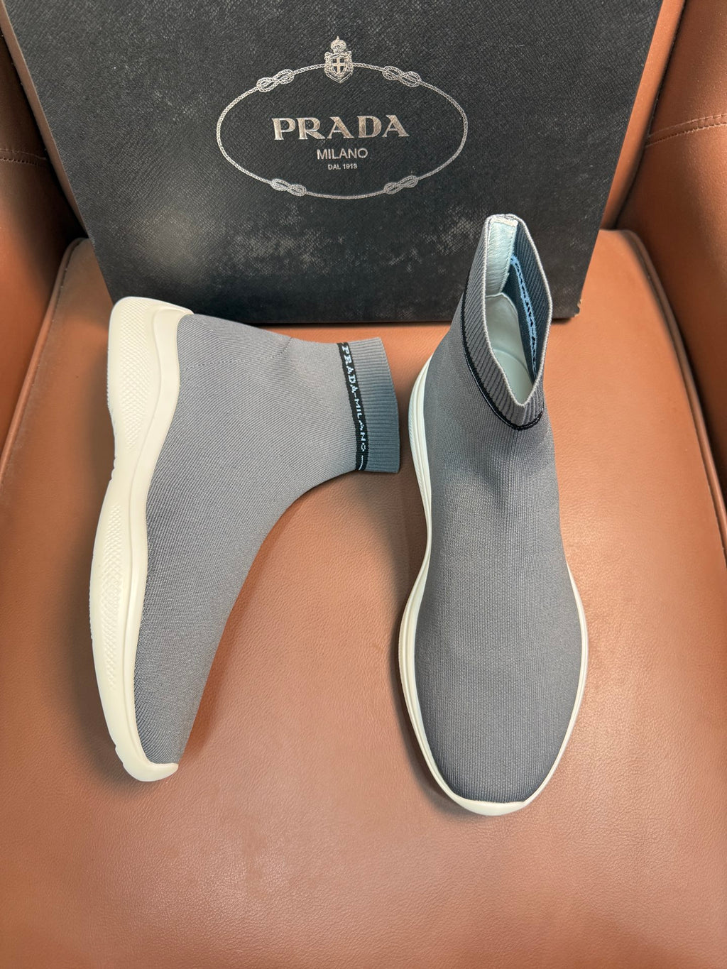 Prada unisex knit sock sneakers, light gray uppers with white sidewall sole
