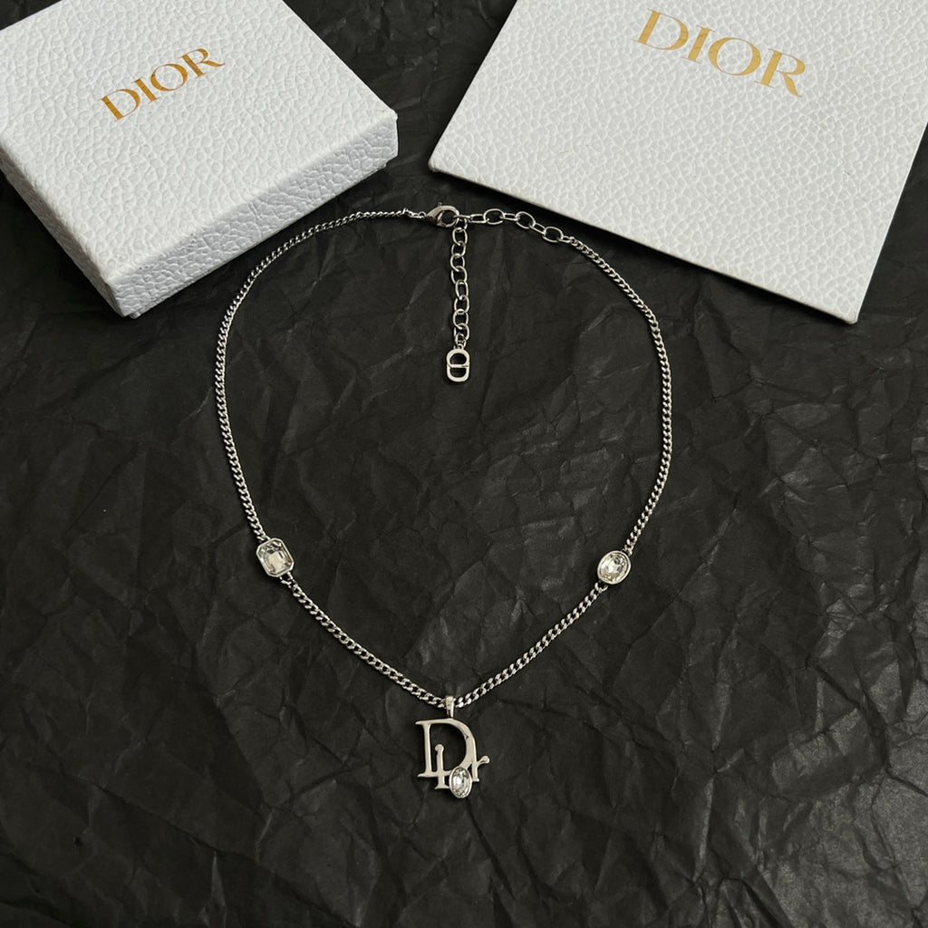 Silver-tone Dior logo charm necklace with three round gem pendants